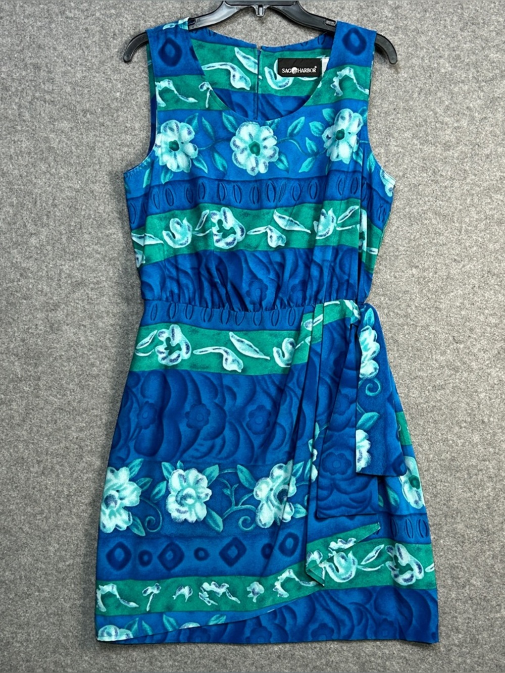 Sag Harbor Size 14 Blue Green Floral Sleeveless Faux Wrap Dress Tie Waist Zipper